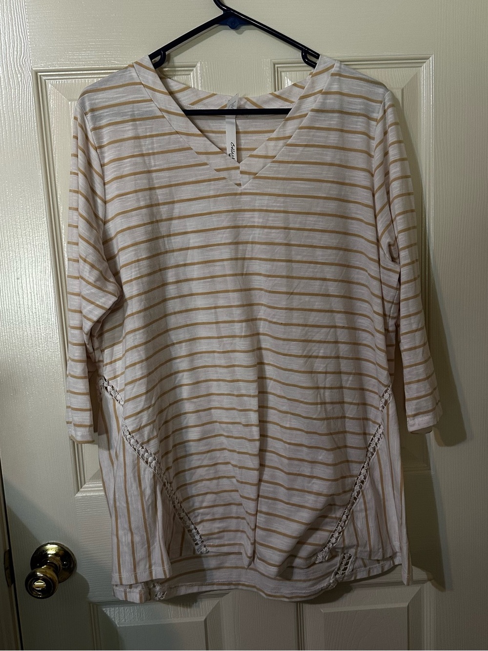 Striped V-Neck Womens Tunic Top in Cream and Tan